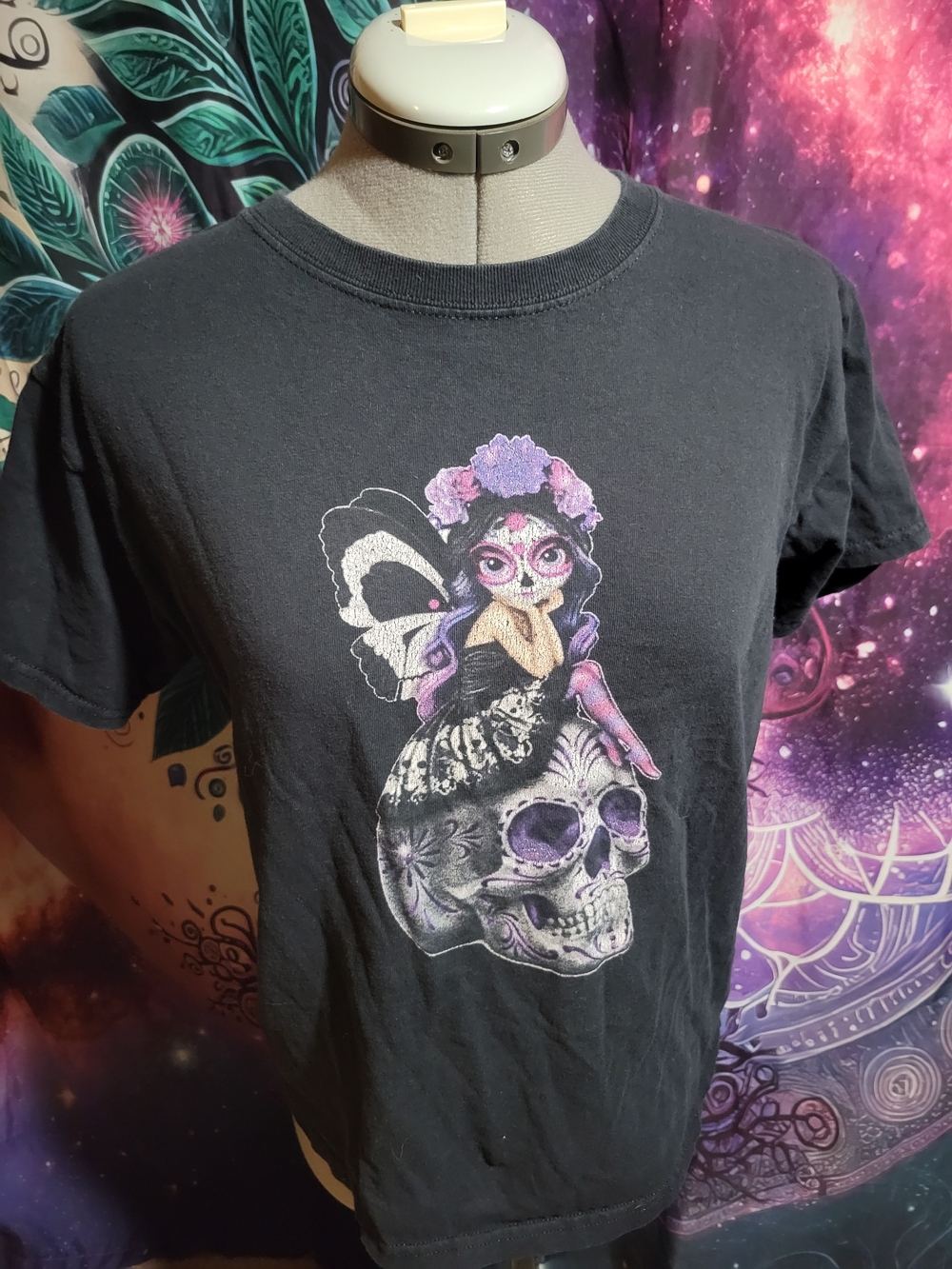 Black Graphic Tee with Sugar Skull Fairy